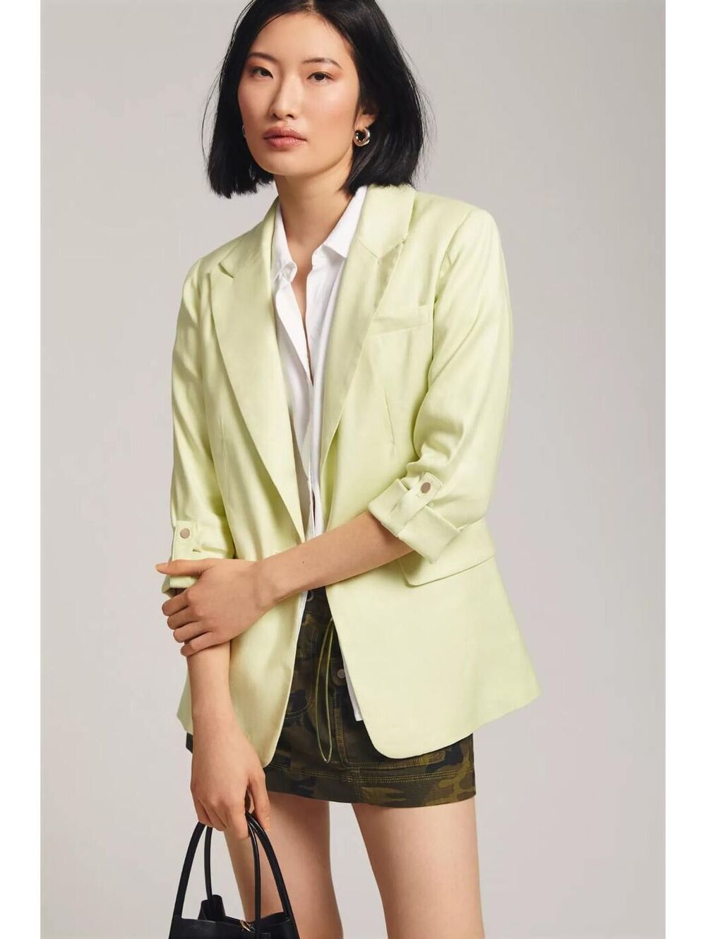 Anthropologie Maeve Women's US 8 Butter Yellow Roll Sleeve Linen Blazer